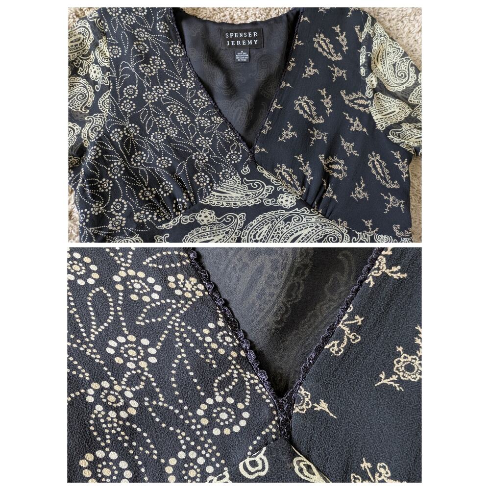 Y2K Spenser Jeremy Babydoll Flare Sleeve Top M Silk Black Beige Paisley Vampire - Picture 4 of 10
